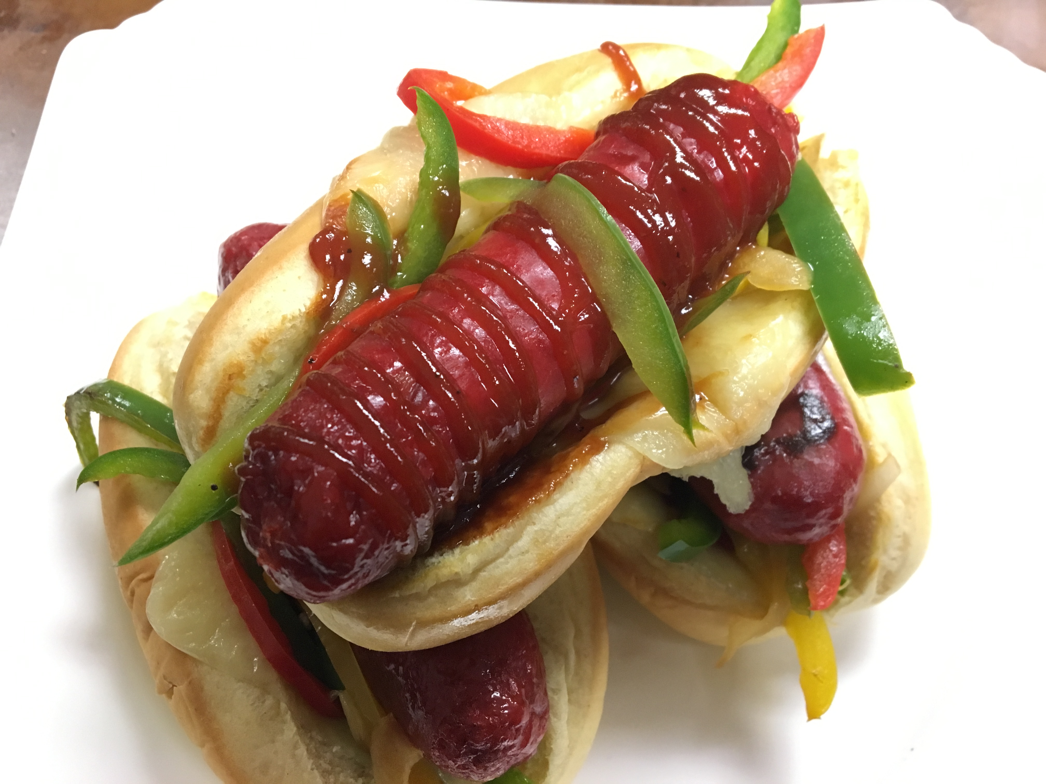 BBQ Chinese Sausage Sandwich with Peppers and Mozzarella DiLuigi Foods